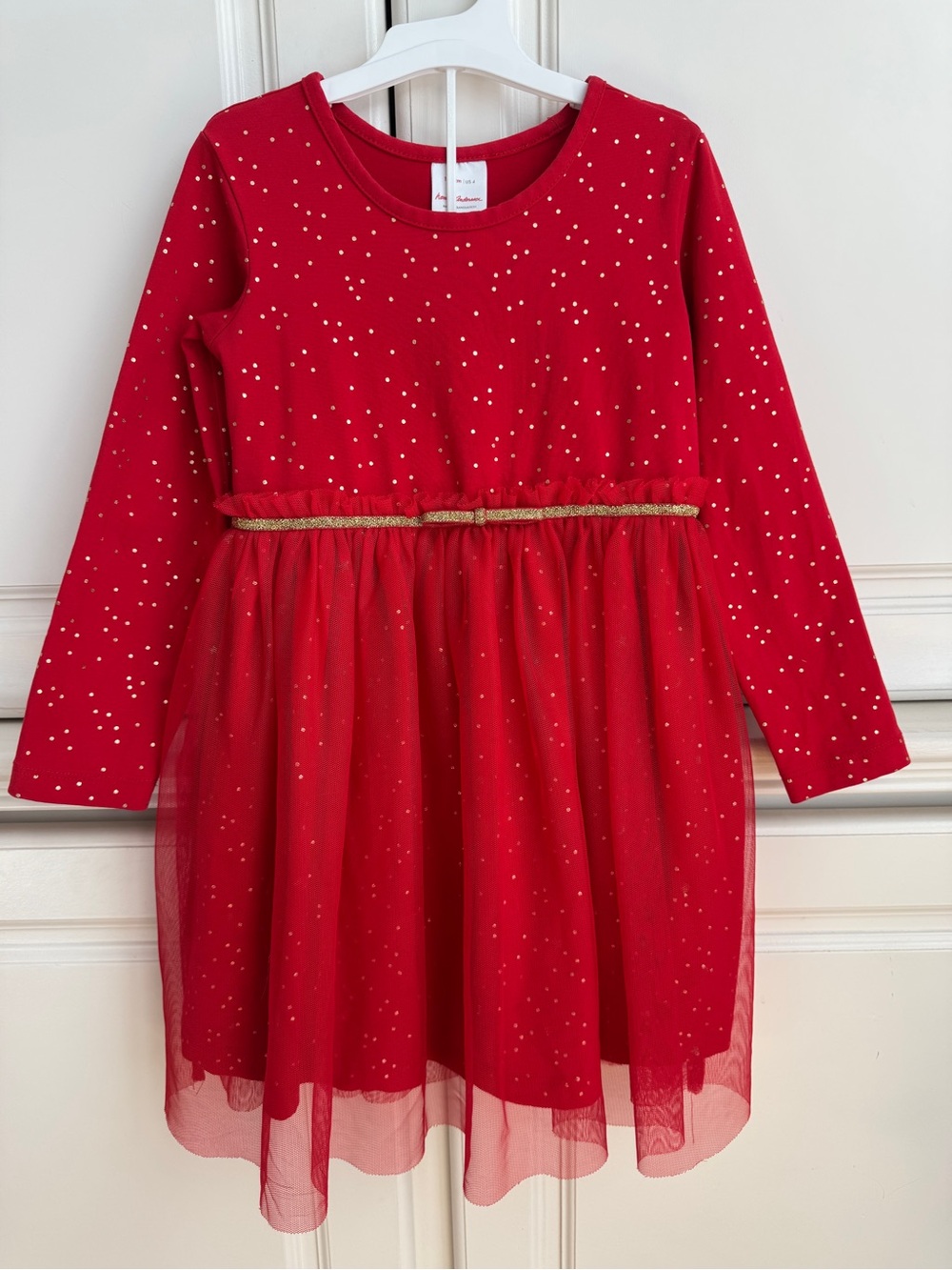 Hanna Andersson Long Sleeve Red and Gold Tulle Shimmer Dress 100cm/US 4